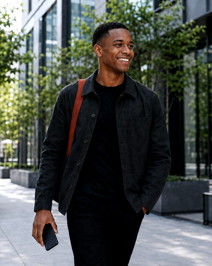 A young man walks a city street, phone in hand, grinning mid-stride.