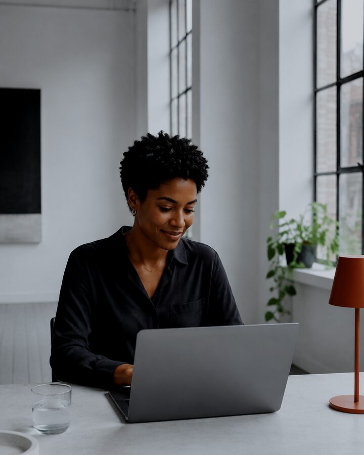 A woman works at a desk in a bright studio, laptop open, a small satisfied smile.