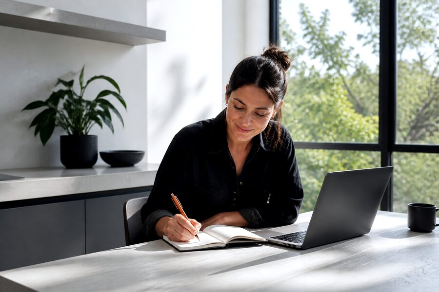 A woman writes in a notebook at a kitchen table, laptop open beside her in morning light.