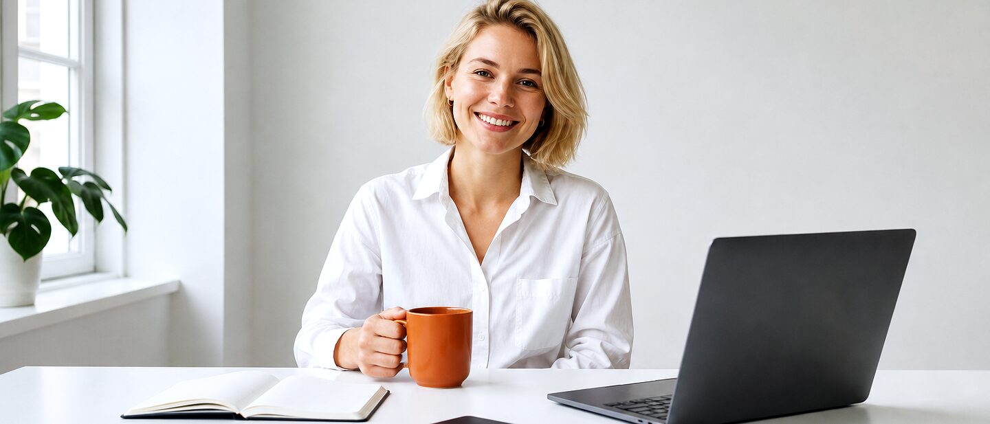 A person at a table with a laptop, phone and notebook, glancing up with a warm smile.