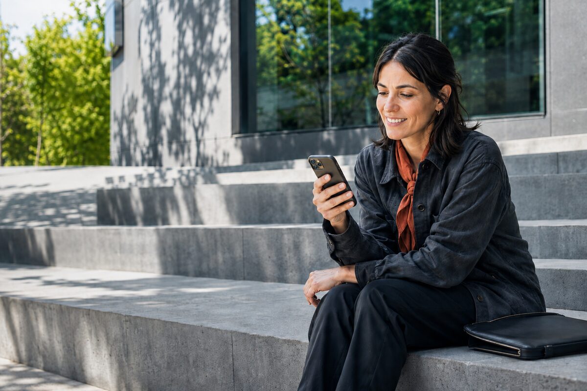 A woman smiling at her phone on concrete steps outside a glass building, greenery behind her.