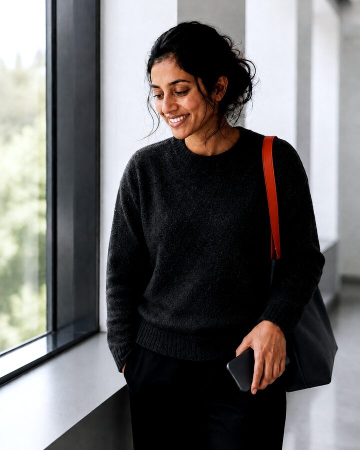 The same woman walking a glass-walled corridor, phone in hand at her side, smiling.