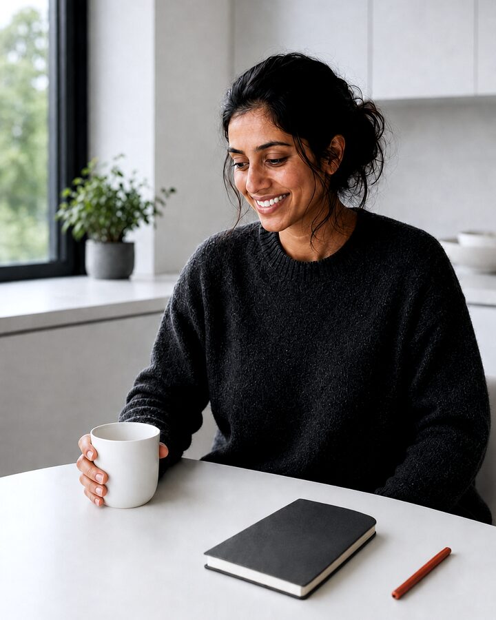 A woman at a kitchen table with a coffee mug, a closed notebook and pen, smiling.