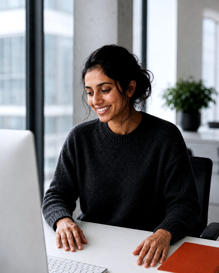 The same woman typing at a desk by a large office window, focused and content.