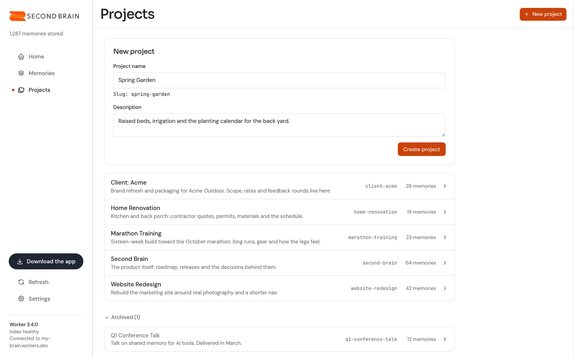 The Projects tab of the Second Brain dashboard. A New project form shows the slug spring-garden appearing as the name is typed, above five projects with descriptions and memory counts and one archived project.